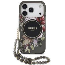Guess IML Flowers Strap Apple iPhone 17 Pro MagSafe hátlap tok karpánttal, fekete tok és táska