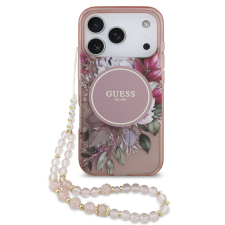 Guess IML Flowers Strap Apple iPhone 17 Pro MagSafe hátlap tok karpánttal, rózsaszín tok és táska