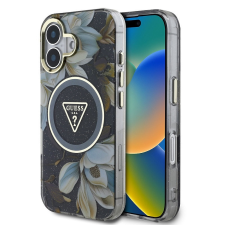 Guess IML Glitter Magnolia and Triangle Logo iPhone 16 MagSafe hátlap tok, fekete tok és táska