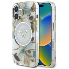 Guess IPhone 16 tok – Guess IML fém csillogó virágok háromszög MagSafe (GUHMP16SHFLPEDH) – fehér tok és táska