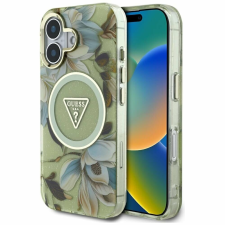 Guess IPhone 16 tok – Guess IML fém csillogó virágok háromszög MagSafe (GUHMP16SHFLPEDN) – zöld tok és táska