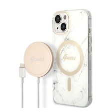 Guess Marble MagSafe Apple iPhone 14 Plus hátlap tok, fehér + MagSafe töltő tok és táska