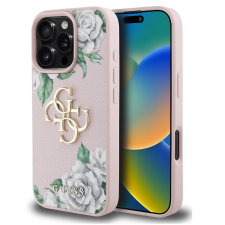 Guess PU Grained Roses 4G Metal Logo iPhone 16 Pro hátlap tok, rózsaszín tok és táska