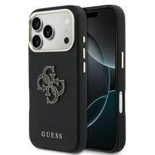 Guess PU Resin Logo Apple iPhone 17 Pro tok kameravédő peremmel, fekete-arany tok és táska