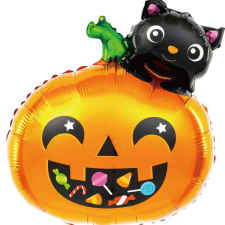 Halloween tök macskával fólia lufi - 65x51 cm party kellék