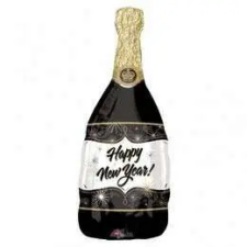  Happy New Year Fekete Pezsgősüveg Héliumos Fólia Lufi Szilveszterre, 91 cm party kellék