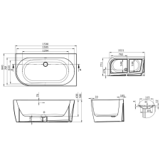  Harmony különleges akril kád 159x84 fekete előlappal, fehér lefolyóval, balos kád, zuhanykabin