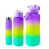  Háromrészes motivációs kulacs szett, lila-sárga-kék színkombinációban, 2L, 900 ml és 300 ml méretű palackokkal