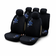 HD Autós Üléshuzat Garnitúra 9 db – Fekete Szövet, kék-Fehér Virág Hímzéssel gyerekülés huzat, betét