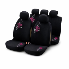 HD Autós Üléshuzat Garnitúra 9 db – Fekete Szövet, Rózsaszín-Fehér Virág Hímzéssel gyerekülés huzat, betét