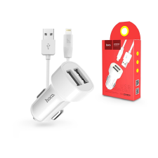 Hoco Apple iPhone Lightning szivargyújtós töltő adapter + lightning adatkábel - 5V/2,4A - HOCO Z2A Dual USB Car Charger + Cable - fehér kábel és adapter