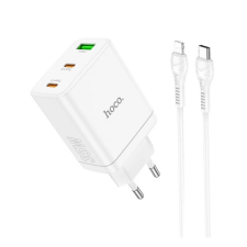 Hoco N33 2x USB-C / USB-A Hálózati töltő + Lightning kábel - Fehér (35W) mobiltelefon kellék