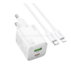 Hoco N41 hálózati töltő USB+Type-C aljzat (20W, GaN, PD gyorstöltő 3.0 + lightning kábel) FEHÉR (HOCO_N41_LIGHTNING_W)
