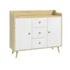 HomCom Modern Tálalószekrény Forgácslapból és Fenyőfából, 3 Fiókkal és 2 Szekrénnyel, 90x32x80 cm, Fehér és Természetes Fa