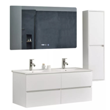 homedepo Hongkong Duo White 120 komplett fürdőszoba bútor szett fali mosdószekrénnyel, dupla mosdóval, tükörrel és magas szekrénnyel fürdőszoba bútor