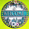  Horgolható kör alakú nyomtatott fa alap, Deszka háttér Welcome felirattal.