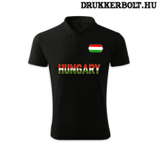 Hungary feliratos galléros férfi póló - Magyarország szurkolói ingnyakú póló (fekete) férfi póló