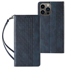 Hurtel Mágneses pántos tok iPhone 12 Pro tok pénztárca + mini nyaklánc medál kék tok és táska