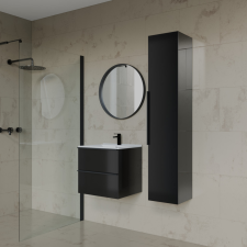 Intenso fiókos fürdőszobabútor mosdókagylóval és faliszekrénnyel - 50 cm (magasfényű fekete) fürdőszoba bútor