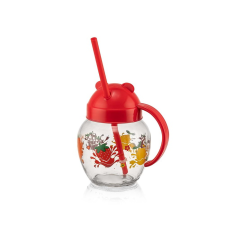IRIS C-00373 Cute 370ml Üveg bögre szívószállal - Piros / zöld / sárga (C-00373) bögrék, csészék