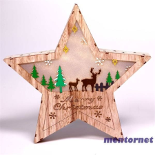IRIS Csillag alakú rénszarvas mintás/30x30cm/meleg fehér LED-es fa fénydekoráció karácsonyi dekoráció