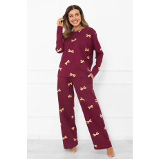 italian-fashion Kwadro női pizsama, hosszú, borvörös, masnikkal M