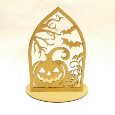 Íves ablakban halloween tök, denevérekkel. Mérete: 20,5x25x13,1 cm dekorációs kellék