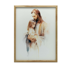 Jezus trzymający dziecko, 50x70 cm, rama aluminiowa złota, papier matowy 230 gsm grafika, keretezett kép