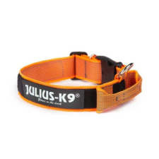  Julius k9 Biztonsági zárral ellátott nyakörv fogantyúval és cserélhető felirattal Narancs-Szürke – 50 mm / 49-70 cm nyakörv, póráz, hám kutyáknak
