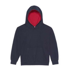 Just Hoods Gyerek kapucnis pulóver kontrasztos színű kapucni béléssel AWJH003J, New French Navy/Fire Red-9/11