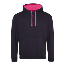 Just Hoods Uniszex kapucnis pulóver kontrasztos színű kapucni béléssel AWJH003, Jet Black/Hot Pink-M férfi pulóver, kardigán