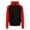 Just Hoods Uniszex kétszínű kapucnis cipzáros pulóver AWJH063, Jet Black/Fire Red-XL