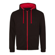 Just Hoods Uniszex pulóver kontrasztos színű cipzárral kapucnival AWJH053, Jet Black/Fire Red-M
