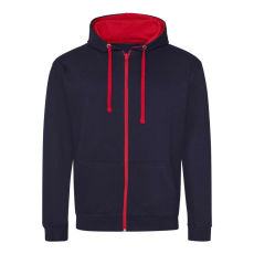Just Hoods Uniszex pulóver kontrasztos színű cipzárral kapucnival AWJH053, New French Navy/Fire Red-2XL