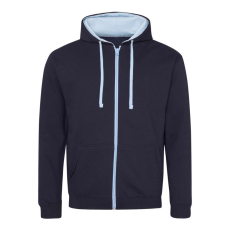 Just Hoods Uniszex pulóver kontrasztos színű cipzárral kapucnival AWJH053, New French Navy/Sky Blue-2XL