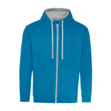 Just Hoods Uniszex pulóver kontrasztos színű cipzárral kapucnival AWJH053, Sapphire Blue/Heather Grey-L férfi pulóver, kardigán