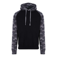 Just Hoods Uniszex raglános kétszínű kapucnis pulóver AWJH009, Solid Black/Black Camo-M férfi pulóver, kardigán