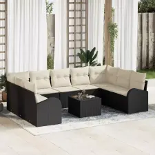  Kanapé Szett párnával 10 pcs Fekete Poly Rattan kerti bútor