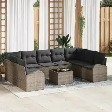 Kanapé Szett párnával 10 pcs Szürke Poly Rattan kerti bútor