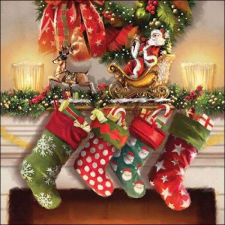 Kandalló zoknis karácsonyi szalvéta 25x25 cm - Hanging Stocking papírárú, csomagoló és tárolóeszköz