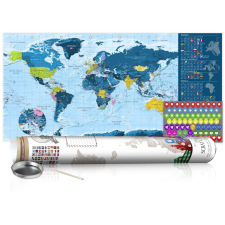 KAPARÓS TÉRKÉP - BLUE MAP - POSTER, Kaparós világtérkép vászonkép 100 x 50 cm angol nyelvű - fehér hengerben térkép