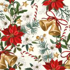 Karácsony Bells with Flowers szalvéta 20 db-os 33x33 cm party kellék
