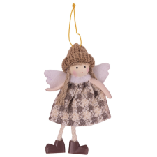  Karácsonyfadísz - Kötött sapkás angyal kockás, barna-fehér ruhában fajáték