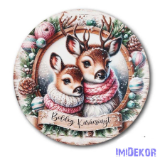 Karácsonyi kör tábla 13cm - Szarvaspár - Boldog Karácsonyt dekorációs kellék