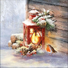  Karácsonyi szalvéta - kismadár lámpás mellett - Robin by Lantern papírárú, csomagoló és tárolóeszköz