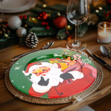  Karácsonyi tálca - fém - Mikulás - zöld - 33 cm karácsonyi dekoráció