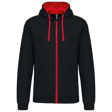 KARIBAN Férfi cipzáras pulóver kontrasztos bélésű kapucnival, Kariban KA466, Black/Red-3XL férfi pulóver, kardigán