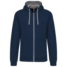 KARIBAN Férfi cipzáras pulóver kontrasztos bélésű kapucnival, Kariban KA466, Navy/Fine Grey-2XL