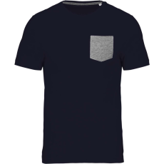KARIBAN Férfi organikus környakas póló kontrasztos színű zsebbel, Kariban KA375, Navy/Grey Heather-2XL