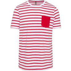 KARIBAN Férfi tengerész csíkos rövid ujjú póló mellzsebbel, Kariban KA378, Striped White/Red-2XL